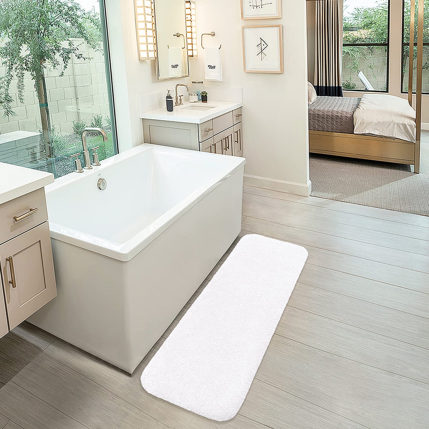 VANZAVANZU Non Slip Bath Mat Extra Large Bathroom Runner Rug Thickened Bath Rug for Bathroom Absorbent Ultra Soft Bedside Rug Fluffy Microfiber Carpet Runner Floor Mat - 50 x 122cm (White)