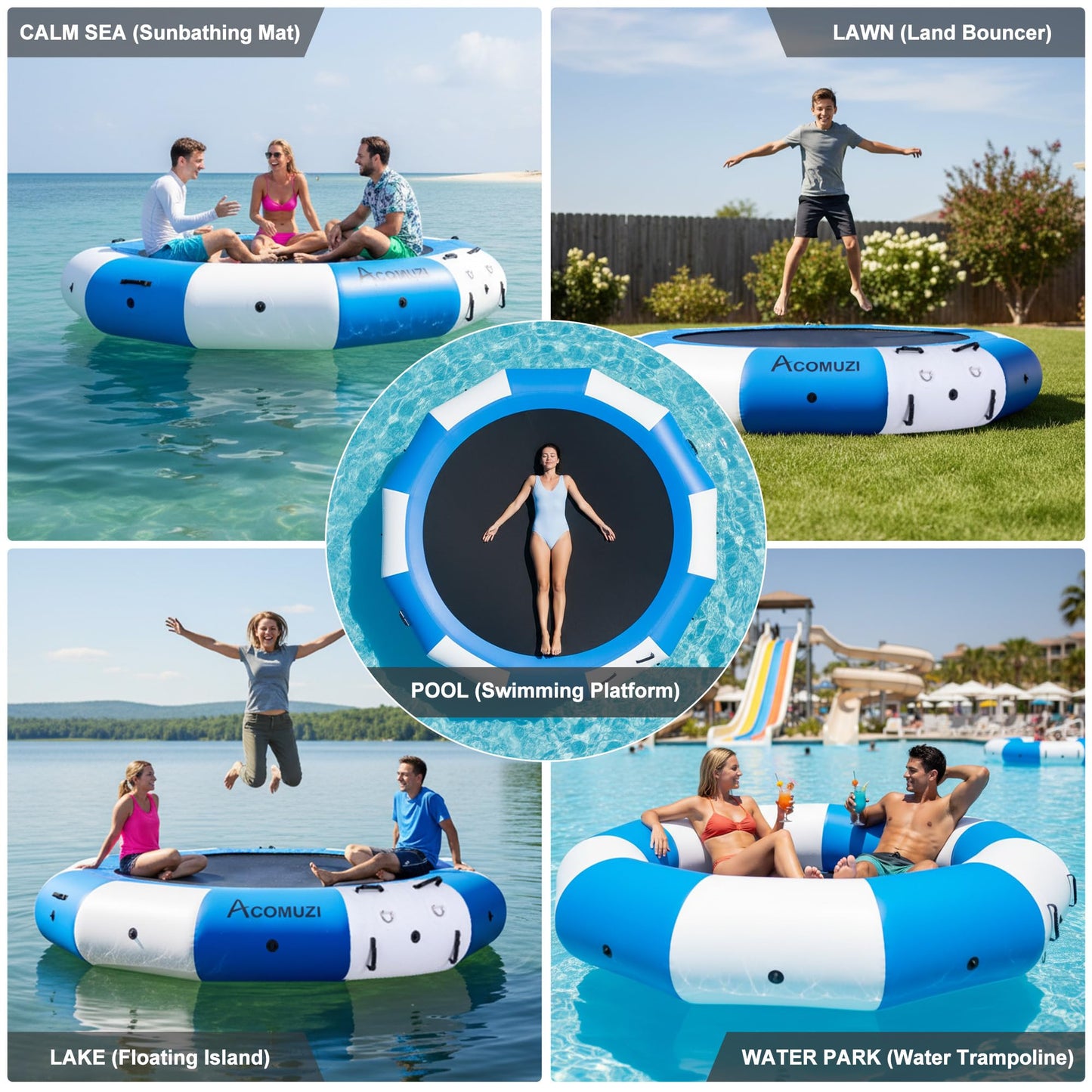 ACOMUZI Inflatable Water Trampoline for Lake Pool Ocean, 10FT/12FT/15FT Heavy Duty Floating Bounce Swim Platform with Ladder & Ropes, Inflatable Floating Dock for Family (NO Pump)