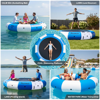 ACOMUZI Inflatable Water Trampoline for Lake Pool Ocean, 10FT/12FT/15FT Heavy Duty Floating Bounce Swim Platform with Ladder & Ropes, Inflatable Floating Dock for Family (NO Pump)
