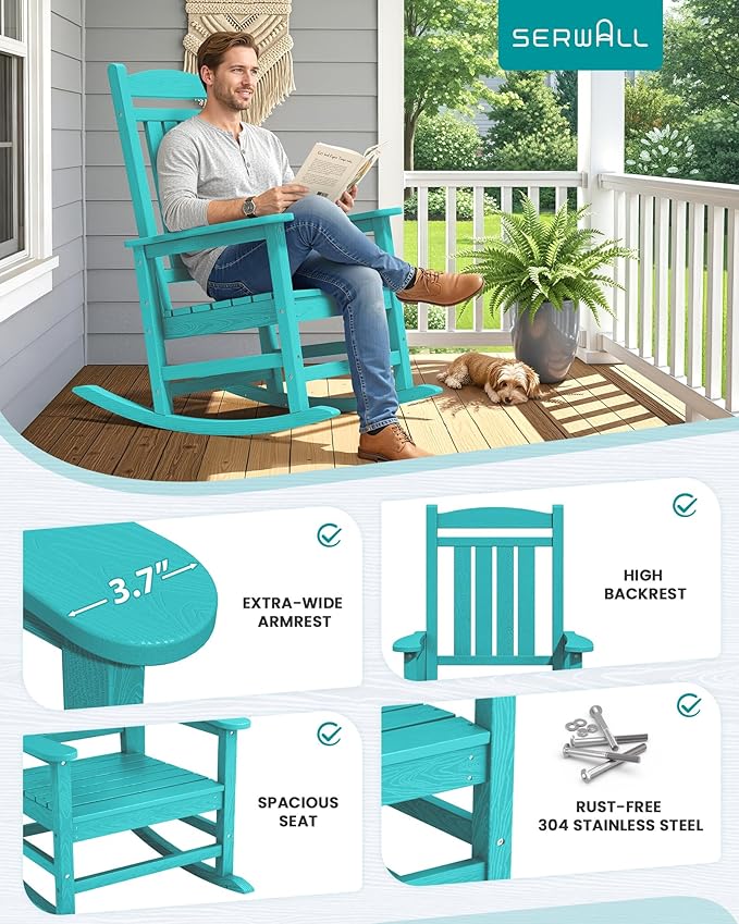 SERWALL HDPE Outdoor Rocking Chair Set of 4, Patio Rocking Chairs, All-Weather Porch Rockers for Adults, Aruba Blue