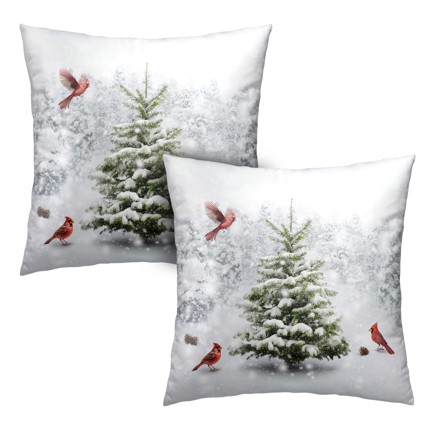 Kwlegh Winter Throw Pillow Covers 18X18 Snowy Natural Forest Decorative Pillow Case Set of 2 Green Pine Tree with Cardinal Birds Cushion Case for Couch Living Room Patio