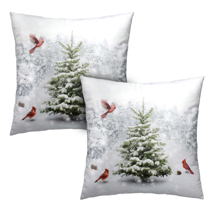 Kwlegh Winter Throw Pillow Covers 18X18 Snowy Natural Forest Decorative Pillow Case Set of 2 Green Pine Tree with Cardinal Birds Cushion Case for Couch Living Room Patio