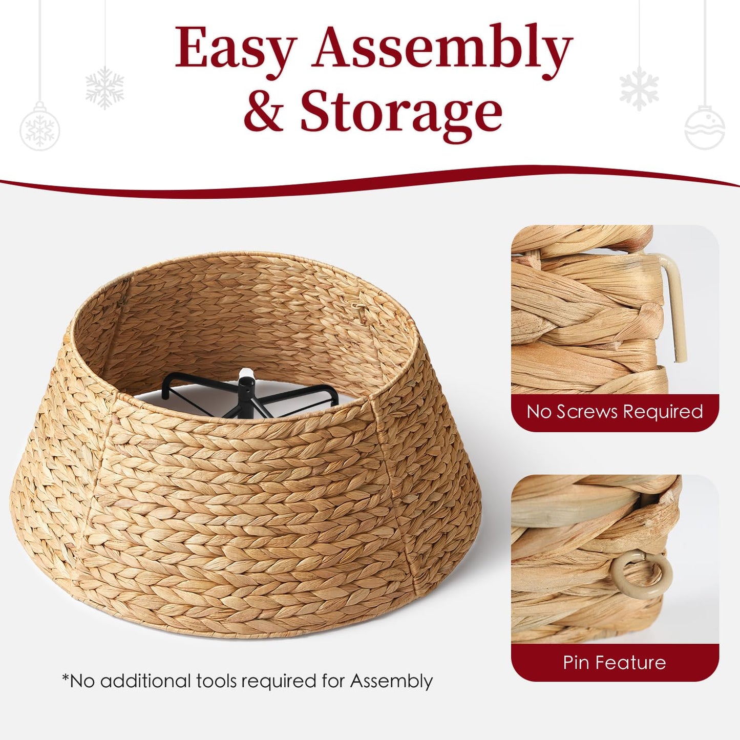24in Hyacinth Christmas Tree Collar - Woven Rattan Basket for Christmas Tree Base Cover, Holiday Decoration for 4ft 6ft 7.5ft Artificial Trees with Cord Cut-Out(Natural)