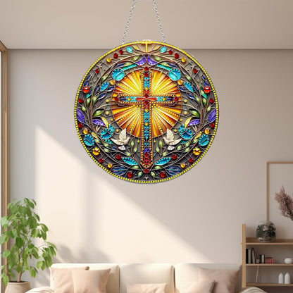 DIY Acrylic Diamond Art Painting Wreath Kits Special Shaped Rhinestone 5D Diamond Art Window Pendants Home Garden Wall Hanging Kits Hanging Ornament (Cross-1)