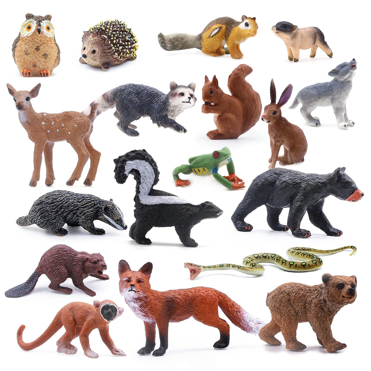 SIENON 18Pcs Forest Animals Figures Toys, Baby Woodland Animals Figurines, Miniature Animals Toys with Owl Hedgehog Fox Squirrels Bear Deer Wolf for Woodland Theme Cake Cupcake Toppers
