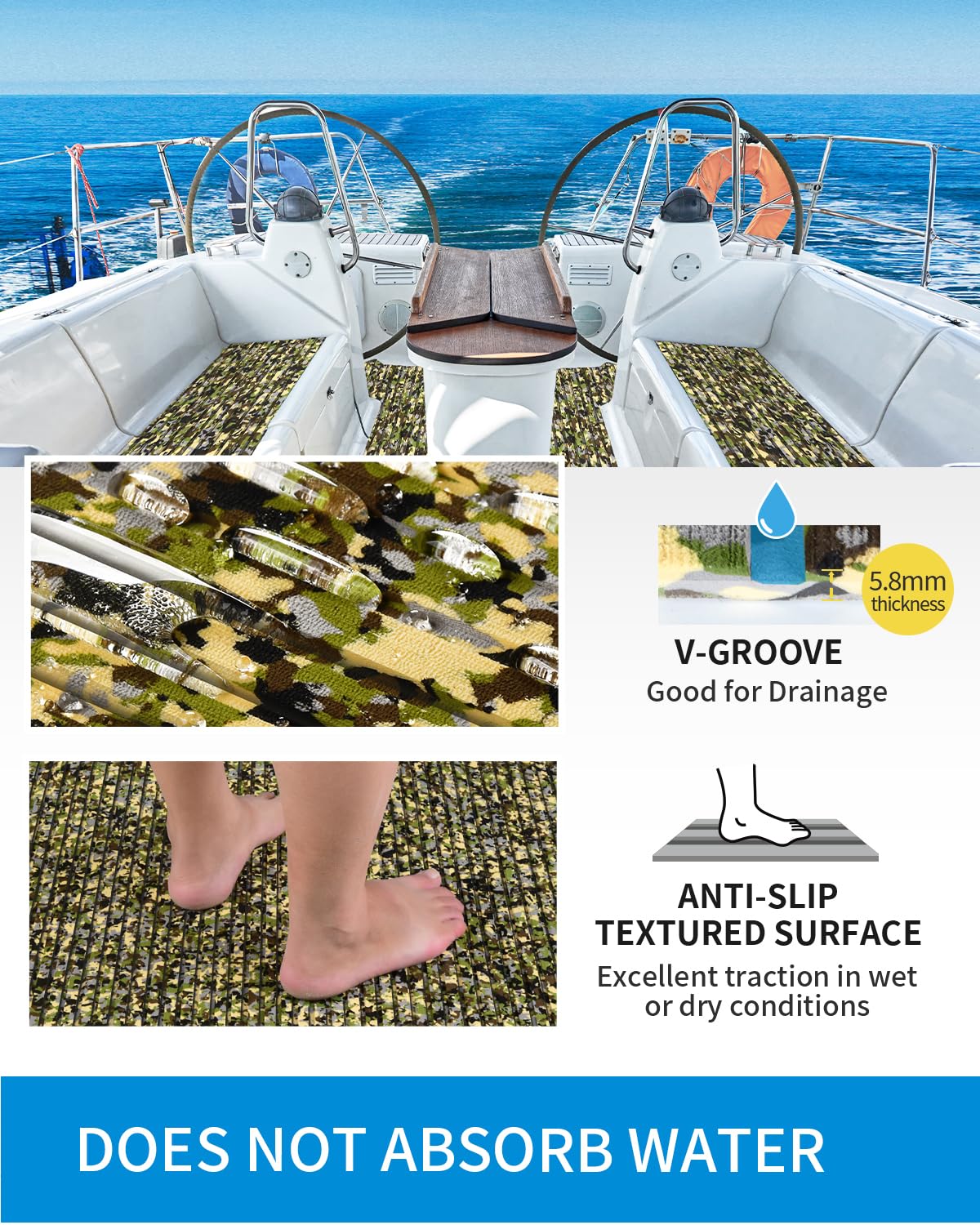 OCEANBROAD Self-Adhesive 96''x47'' Camouflage Boat Flooring Strip Cut Grooves EVA Foam Sheet Non-Slip Traction Pad for Boats Decking Surfboard SUP Paddle Board Kayak, Camo Green