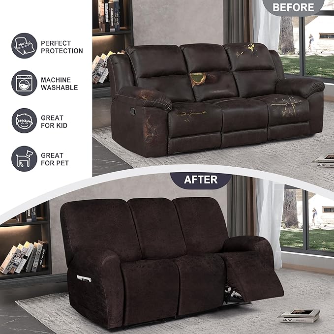 ANARACHON Leather Look Recliner Couch Cover, 8-Pieces Stretch Recliner Sofa