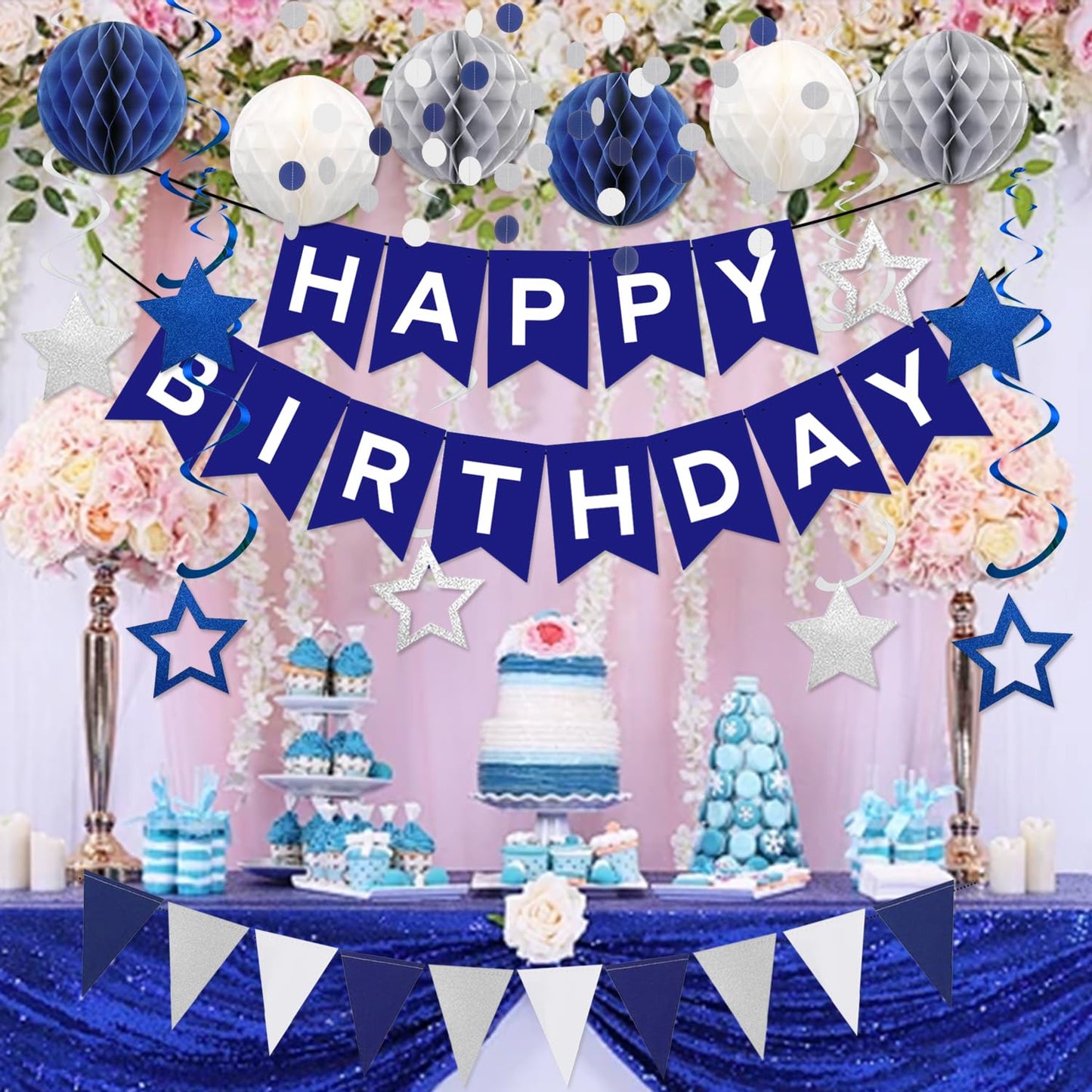 Navy Blue White Silver Birthday Party Decorations for Boys Men, Pre-Strung Navy Blue Birthday Banner with Honeycomb Balls, Stars Hanging Swirl Streamers, Circle Dots Garland, Triangle Pennant