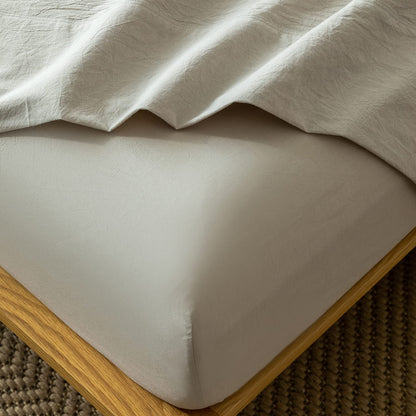 MooMee Fitted Bottom Sheet Only 100% Washed Cotton Linen Like Textured Breathable Durable Soft Comfy Deep Pocket Fits Mattress up to 17" (Cream Grey, Queen)