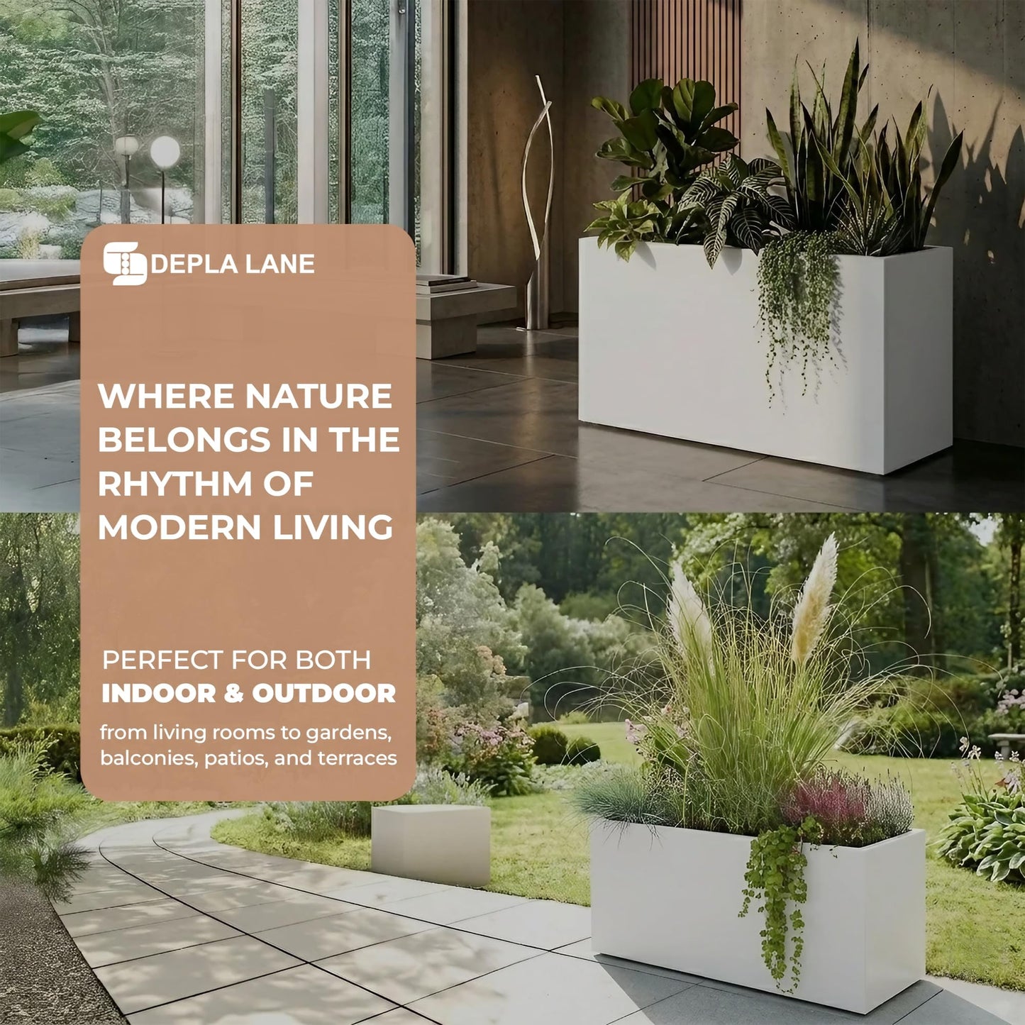 DEPLA LANE Trevano Fiberstone Rectangular Planter (26" L x 9.8" W x 15.7" H) Smooth Finish, Removable Inner Pots, Lightweight, Durable, UV Resistant, Minimalist Indoor Outdoor Plant Pot (M, White)