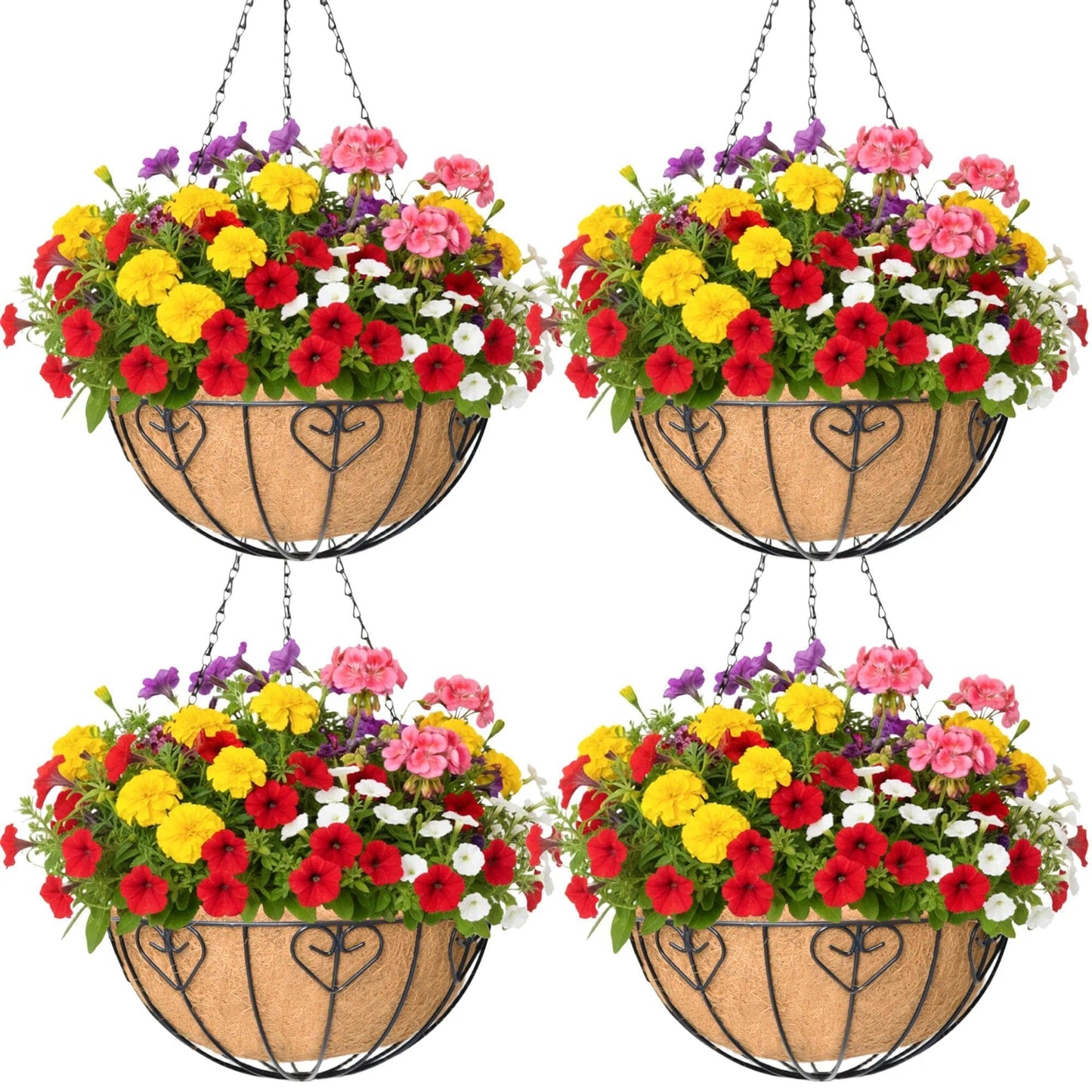 KIDYBELL 4 Pack 14 Inch Hanging Metal Planters for Outdoor Plants, Modern Black Solid Rectangular Hanging Baskets with Coco Coir Liner