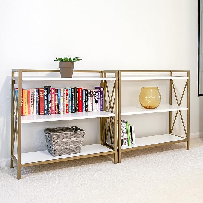 Leick Home Claudette Bookshelf, Satin Gold, 3 Shelves, Easy Assembly, 12 in D x