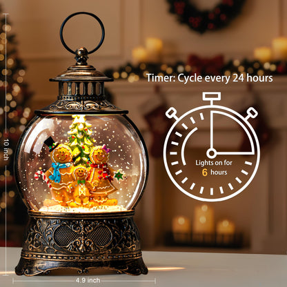 Christmas Snow Globe Water Lantern with Gingerbread Scene Battery Operated or USB Powered Musical Lighted Holiday Decoration for Tabletop Display for Family and Friends