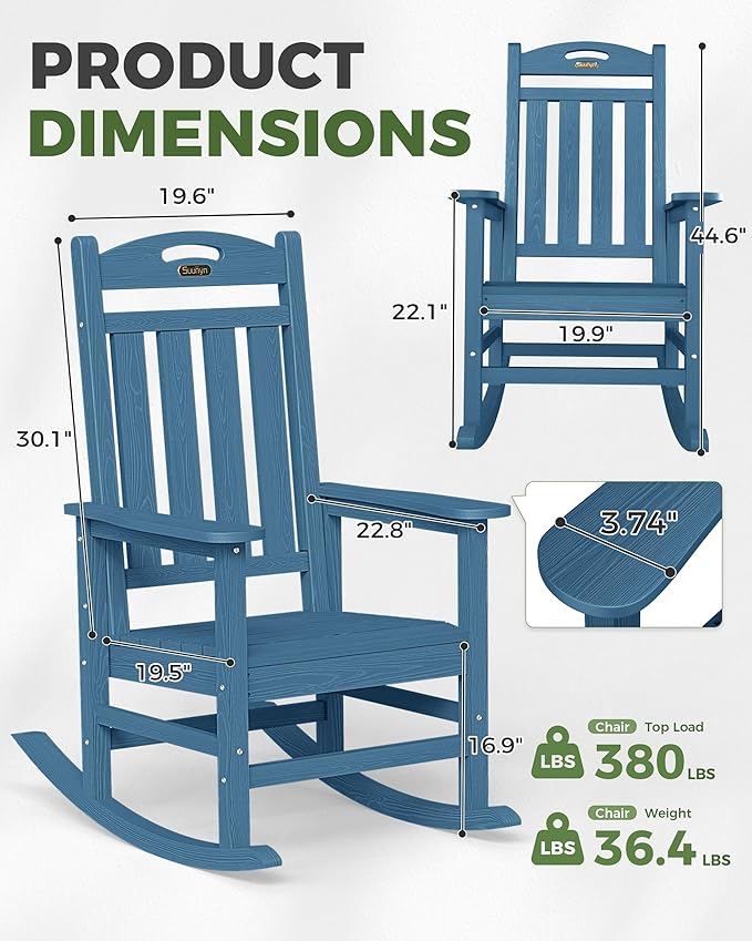 Oversized Outdoor Rocking Chairs Set of 4, High Back Porch Rocking Chair, HDPE All Weather Resistant Patio Chairs, 380lbs Weight Capacity, Navy Blue