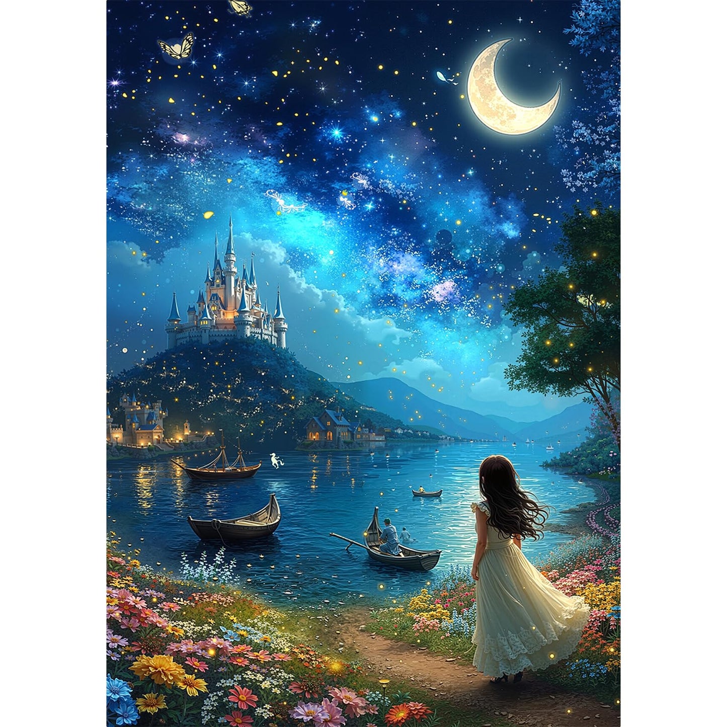 1000 Piece Fairy Tale Castle Puzzle, Dreamy Starry Sky with a Girl by the Flowered Shore, Whimsical Night Scene Art Puzzle, Ideal Gift for Fantasy Lovers & Wall Decor
