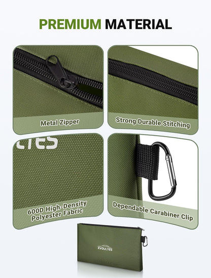 EVOULTES 12 Inch Tool Pouches with Zipper, Small Tools Bags with Carabiner, Multi Purpose Utility Organizer Bags for Tools (3 Pack in Tan, Navy Green, Black)