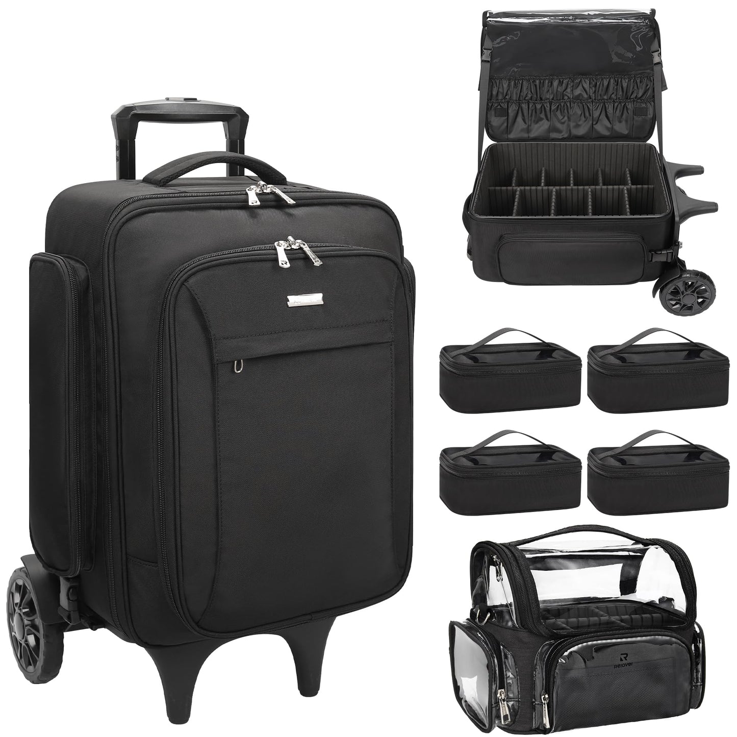 Relavel Rolling Makeup Case with Large Brush Bag, Professional Make Up Travel Organizer Bag with 2 big Wheels, Lockable Makeup Backpack with Adjustable Dividers for Makeup Artist - Black