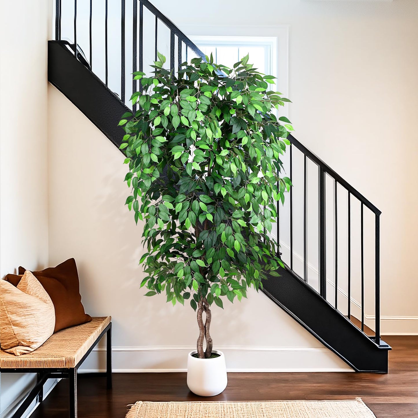 Jocoevol 7FT Artificial Ficus Tree, Tall Faux Trees Indoor with White Planter, Dried Moss, Natural Silk Leaves & Trunk, Fake Plants for Home Living Room Office Corner Decor Housewarming Gift