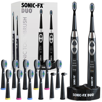 Sonic-FX Duo Rechargeable Electric Toothbrush Set - with 14 Brush Heads, 3 Modes, Smart Auto-Timer, Charging Dock Holder - Dual Handle Electric Tooth Brush for Adults & Kids, Black and White