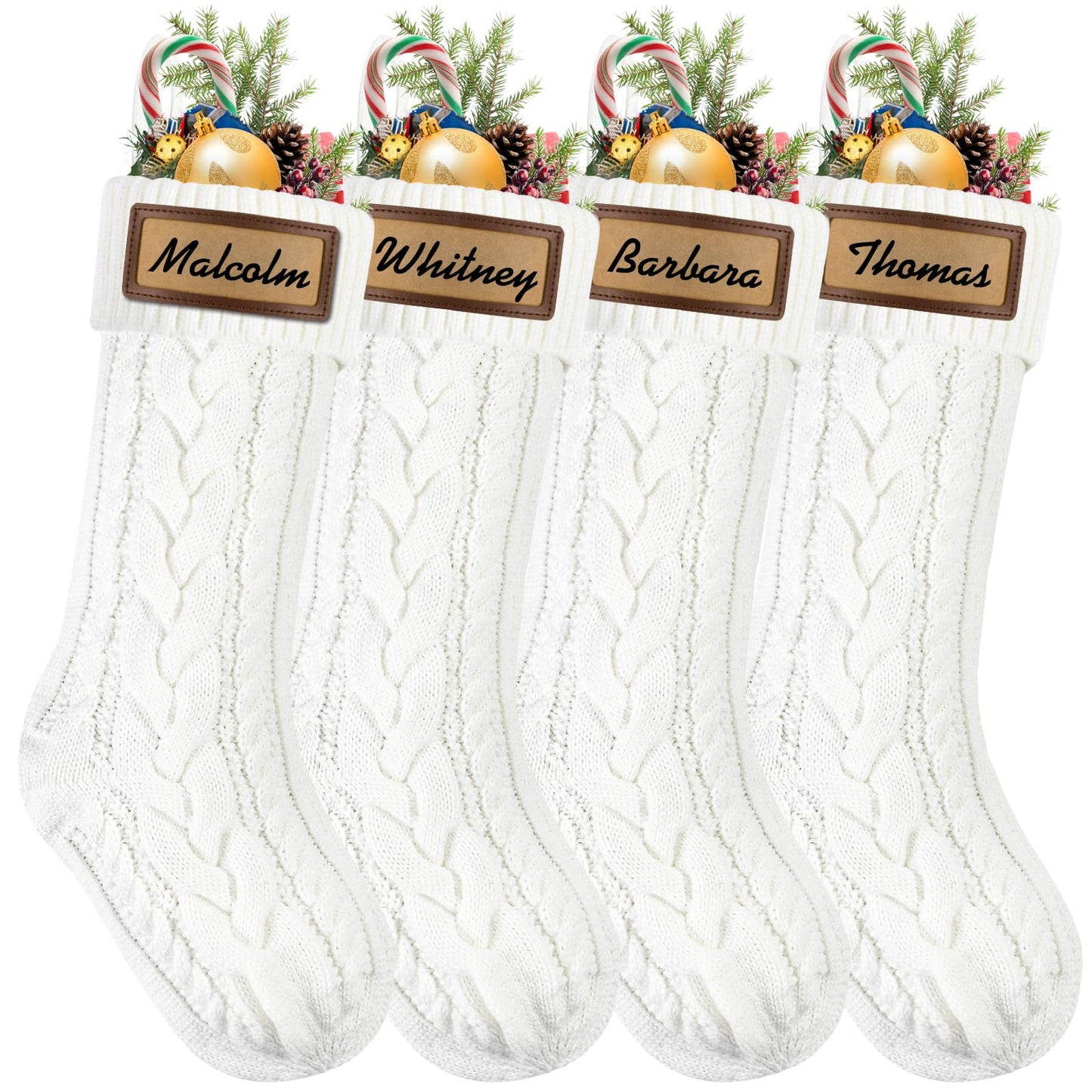 XOYTN 4Pack Christmas Stocking with Leather Patches，18Inches Large White Custom Name Personalized Hanging Cable Knitted Xmas Stockings for Christmas Family Party Fireplace Decor