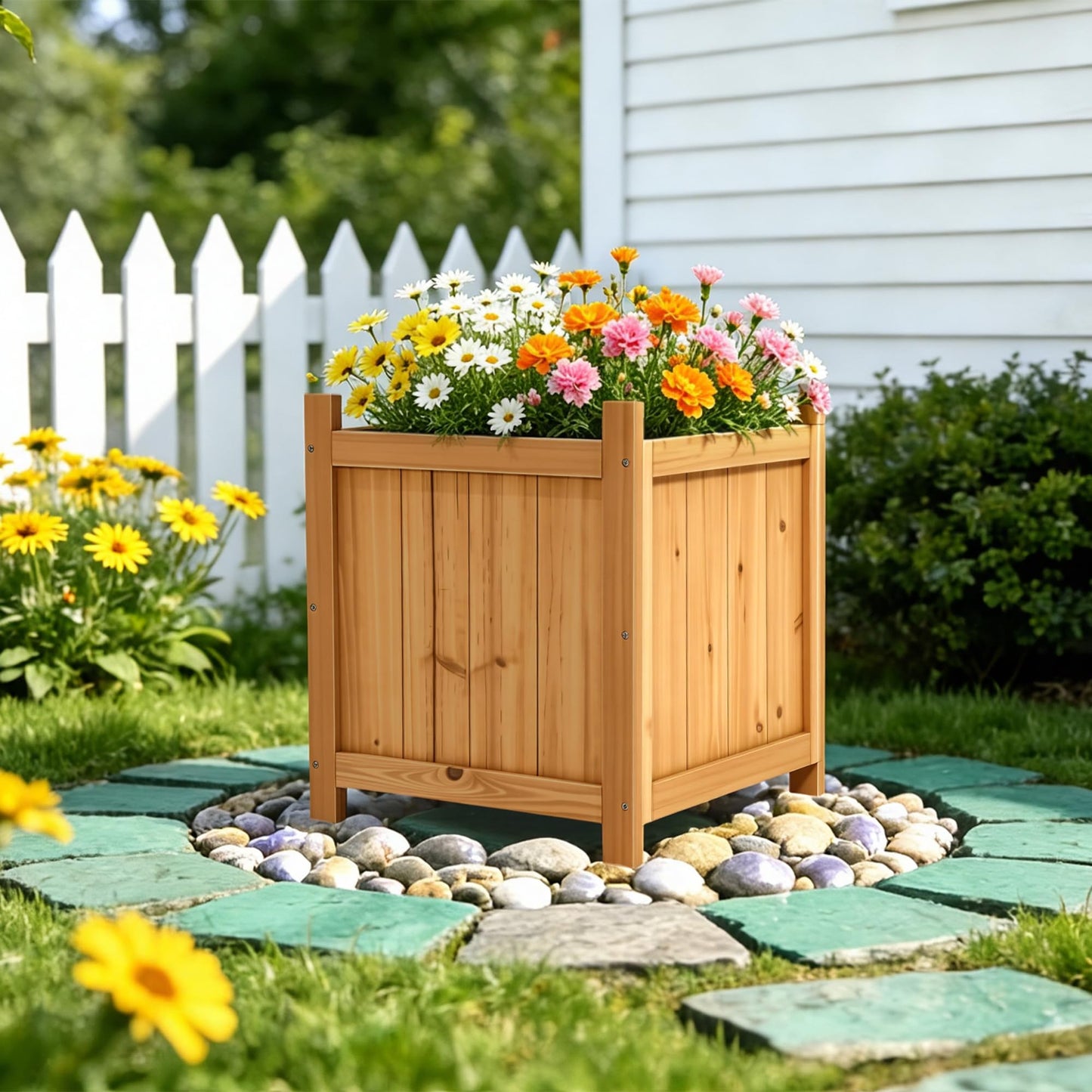 Ultym Set of 2 Fir Wood Square Planter Boxes, 18" Extra Large Outdoor Flower Box with Removable Drainage Base & Non-Woven Liner, Rustic Wooden Planters for Patio Garden Balcony, Wood Bucket Planter