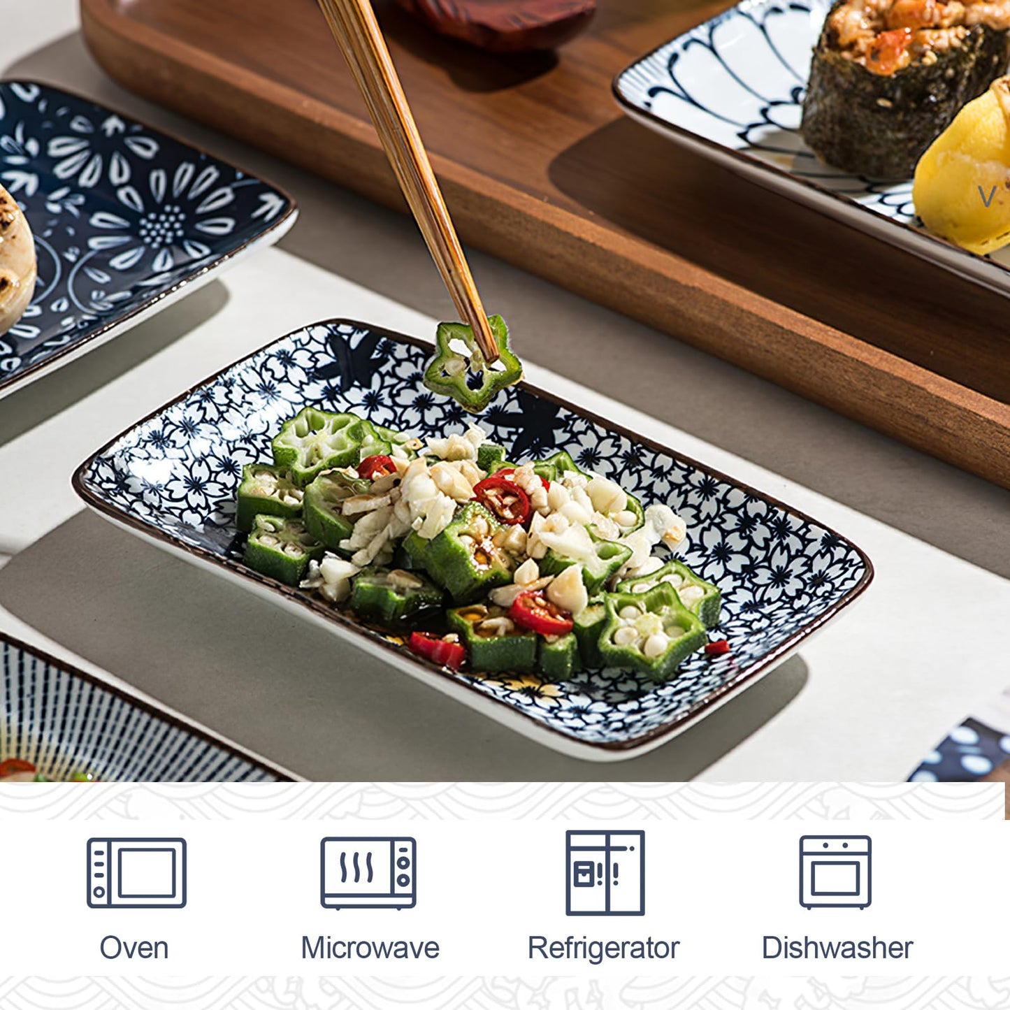 Kytree 4 Piece Japanese Sushi Plate Set, Rectangle Soy Sauce Dish Ceramic Dipping Bowl for Appetizer, Charcuterie, Dessert, Salad, Side Dishes