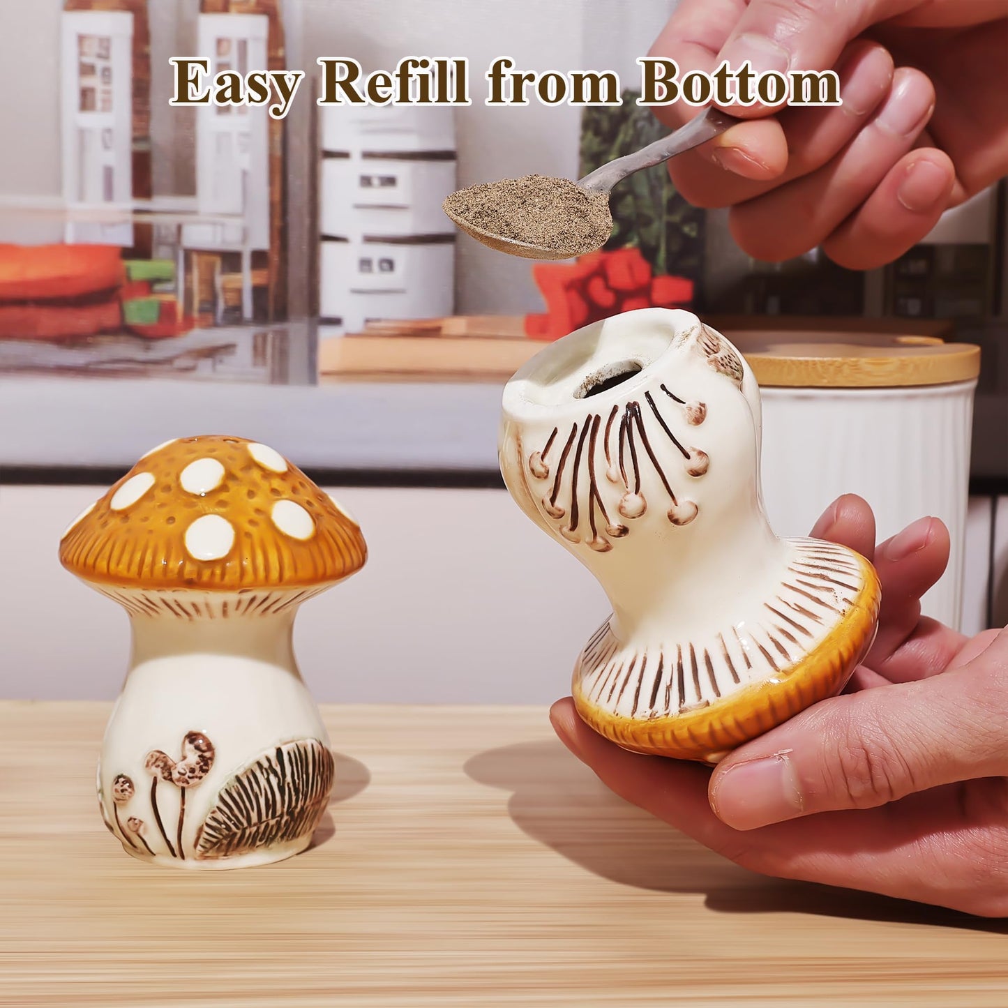 Fungi Fun Ceramic Mushroom Salt and Pepper Shakers Set – Cute and Decorative Salt and Pepper Shakers for Mushroom Kitchen Decor, Unique Hand-Painted Spice Containers for Table or Countertop