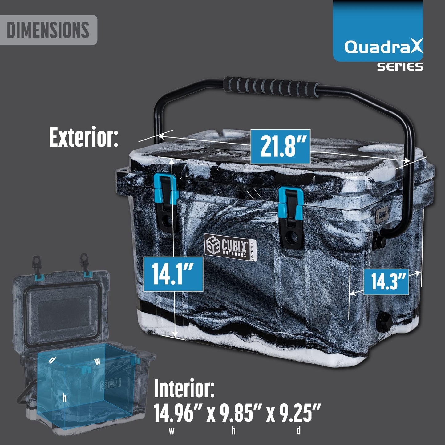 Cubix Outdoors, QuadraX 20QT Rotomolded Personal Small Cooler, Insulated Portable Hard Cooler Camping Ice Chest, Holds Ice for 72 Hours for Outdoor Activities, 2 Built-in Cup Holders, Hunter Camo