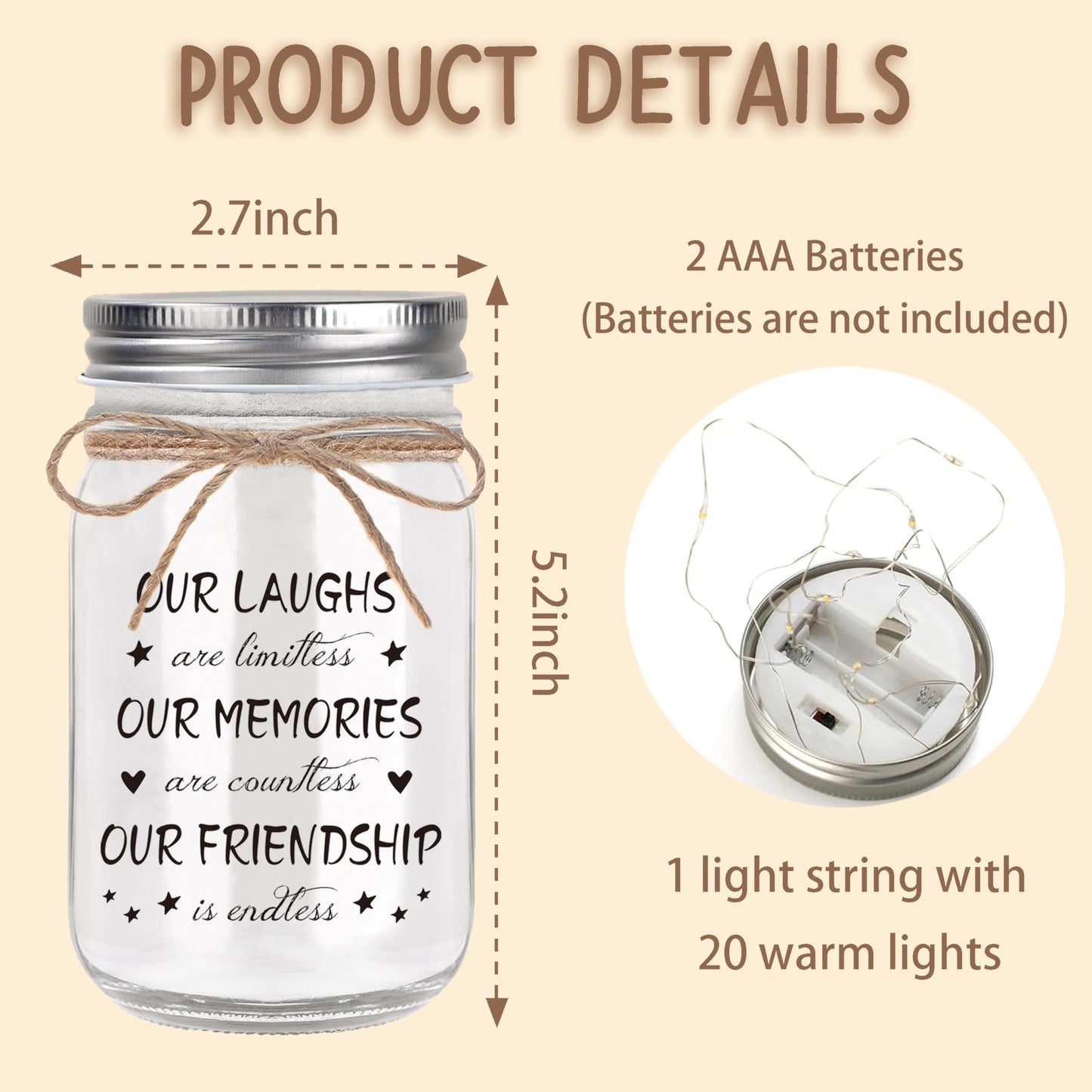 Luckyyds Friendship Gifts for Women Best Friend Birthday Christmas Gift - Mothers Day Gifts for Friends, Mason Jar Night Lights, Heartfelt Home Decor Gift