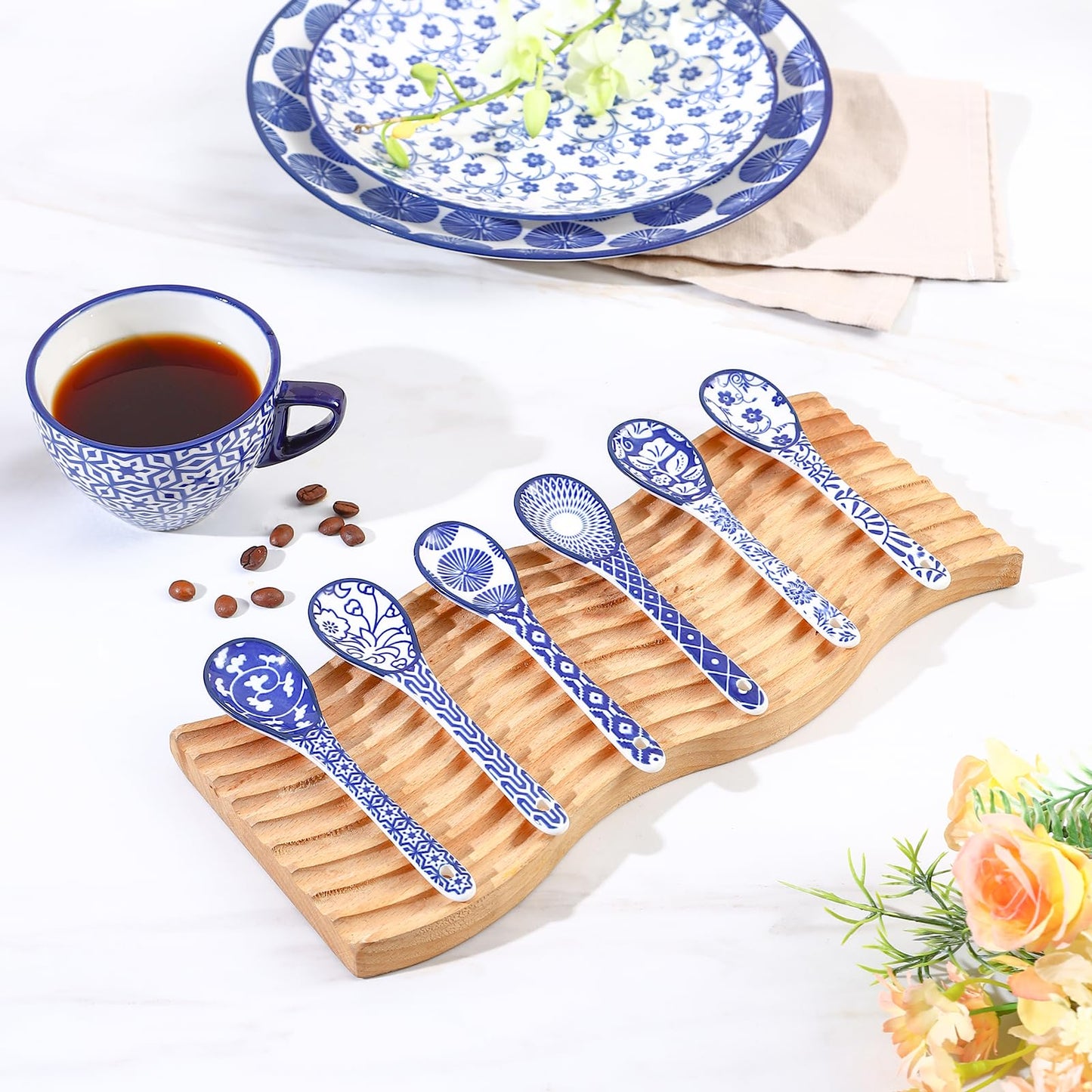 Selamica Ceramic Coffee Spoons, Teaspoons 5.2 Inch Small Spoons Set for Espresso, Tea, Dessert, Stirring, Dishwasher & Microwave Safe, Set of 6, Vintage Blue