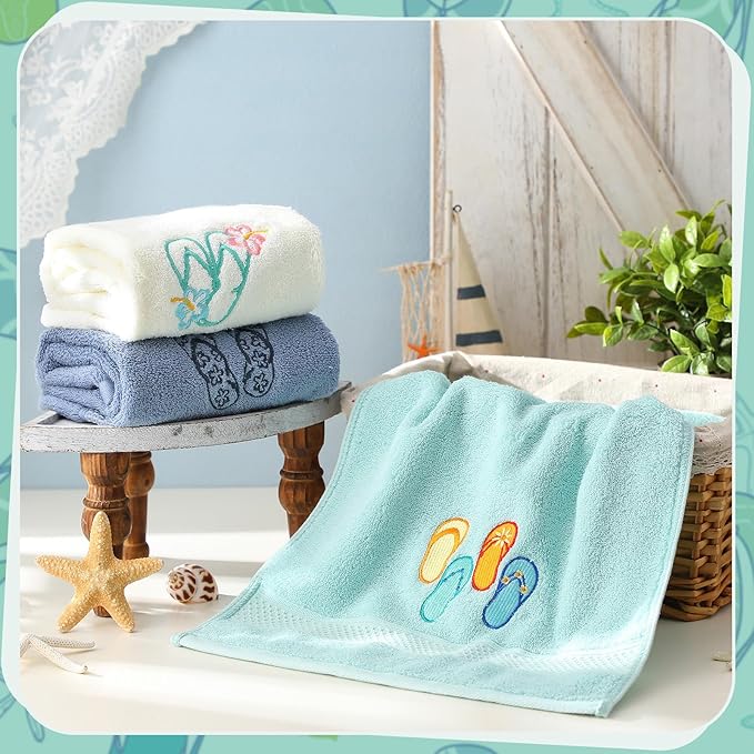 3 Pack Coastal Hand Towels for Bathroom 100% Cotton Embroidered Beach Bathroom