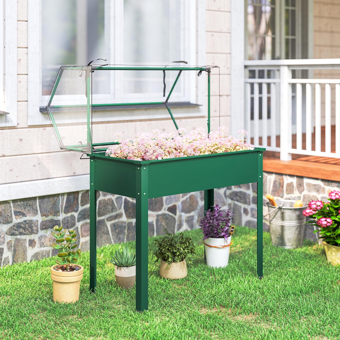 Outsunny Raised Garden Bed with Greenhouse Cover, Elevated Planter Box with Legs and Drainage Hole for Vegetables Flowers Herbs, 39.4" x 18.9" x 48.8", Green