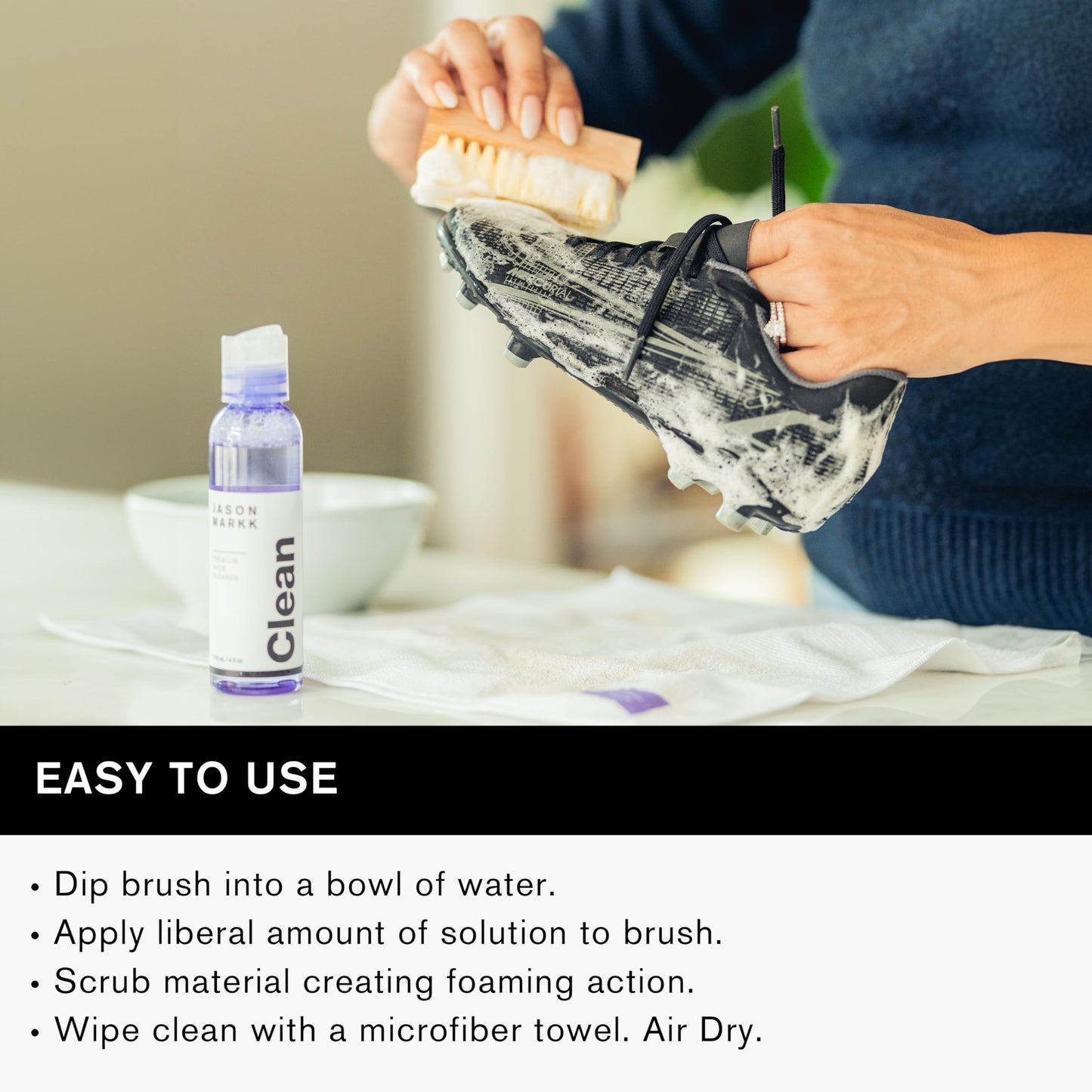 Jason Markk Essential Kit, Shoe Cleaner, Trainers Care, 2-Piece Set, Deep Cleaning Solution & Durables Brush, Ideal for Footwear, Full Grain Leather, Rubber, and more, 4oz