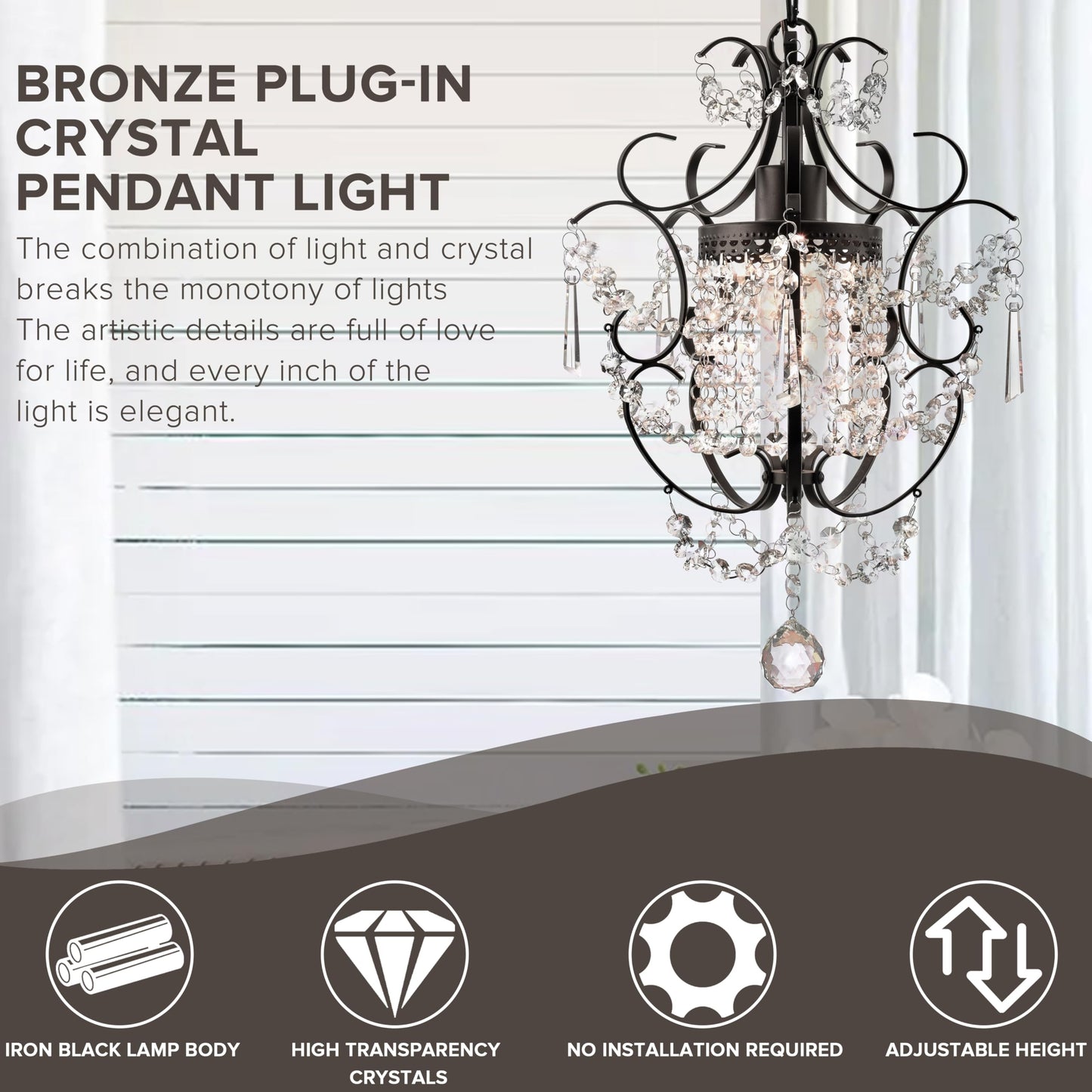 Plug in Pendant Lights with K9 Crystal Bronze Hanging Lamp with 15Ft Clear Cord & On/Off Switch，Mini Chandelier for Closet Living Room Girls Room Bedroom Nursery
