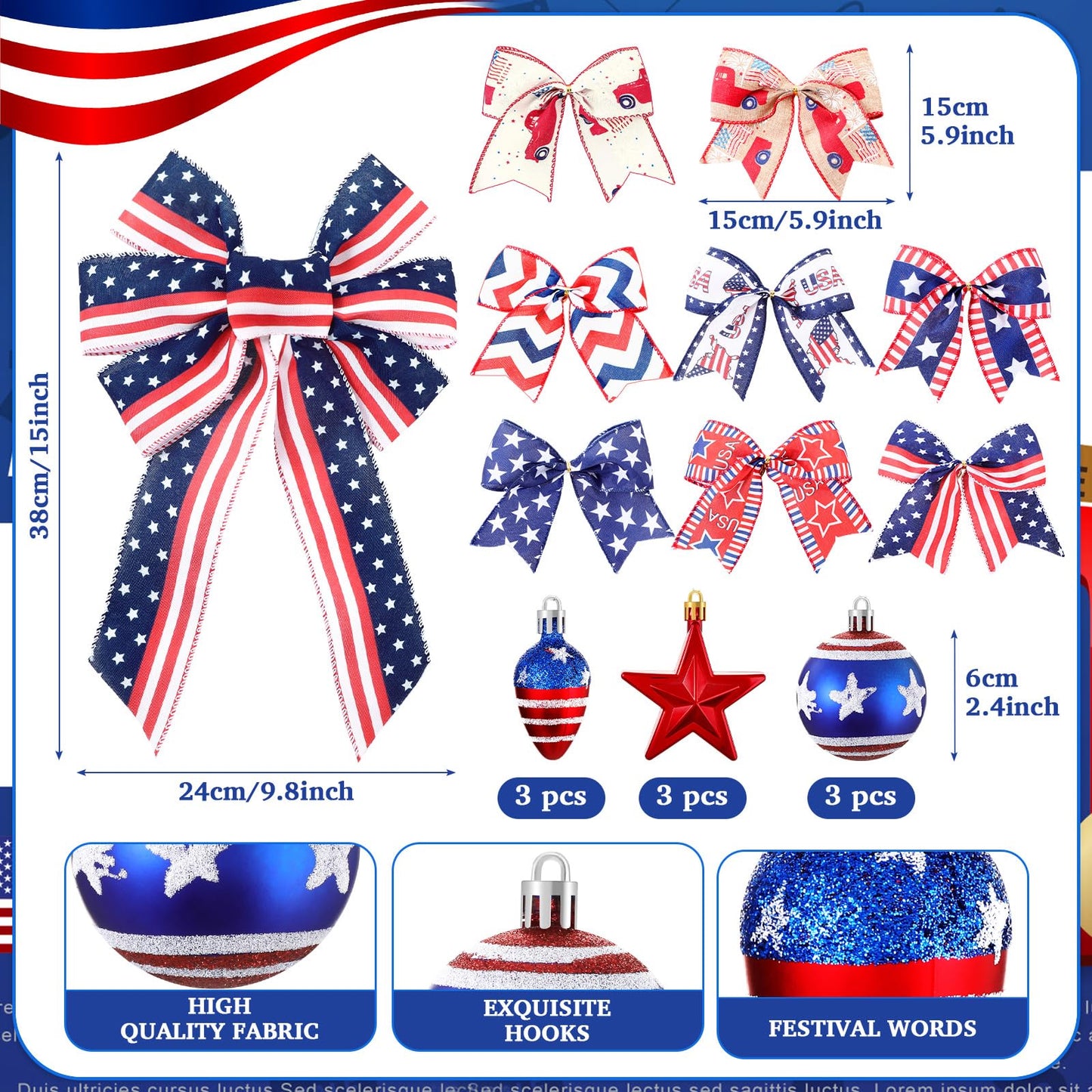 43 Pcs 4th of July Patriotic Tree Decorations Independence Day Christmas Tree Ornaments Ribbon Bow Topper Red White and Blue Hanging Ornaments for National Memorial Day Party