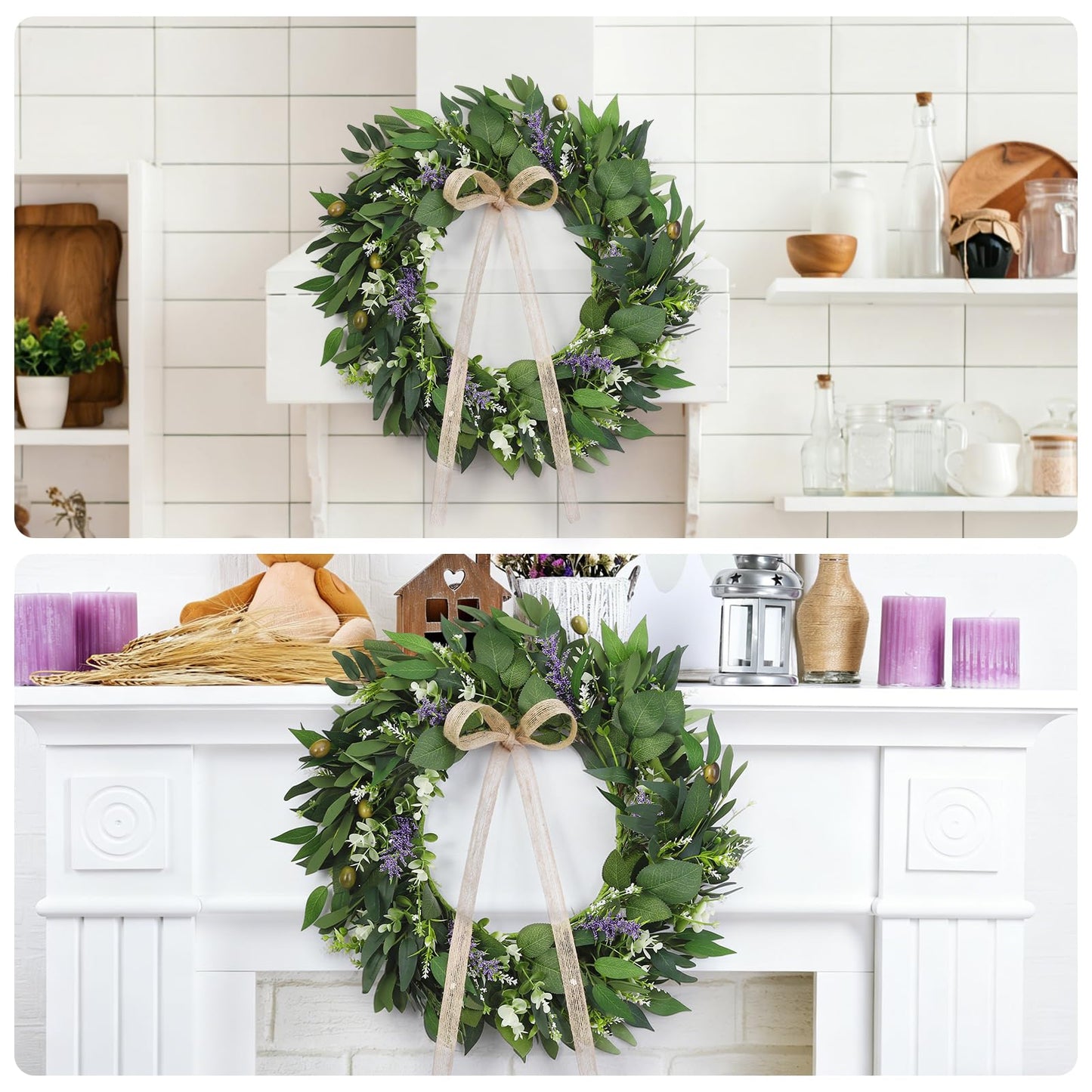 Ovveroche 22Inch Summer Eucalyptus Wreath for Front Door Greenery Wreath Door with Olive Boxwood Leaves Bow for Spring Summer All Season Outdoor Home Decor