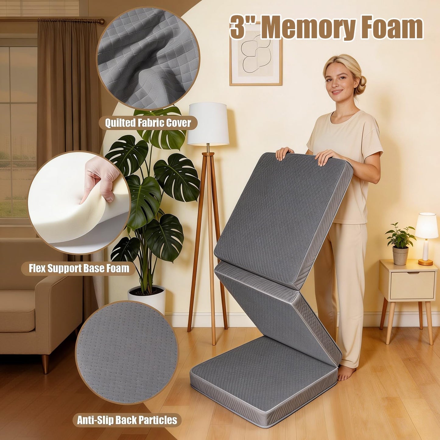 Tri-Folding Mattress, 3 Inch Portable Folding Mattress Topper with a Collapsible and Washable Cover, Portable Floor Bed for Travel, Fold Up Guest Bed, Camping and Yoga (Queen, Gray)