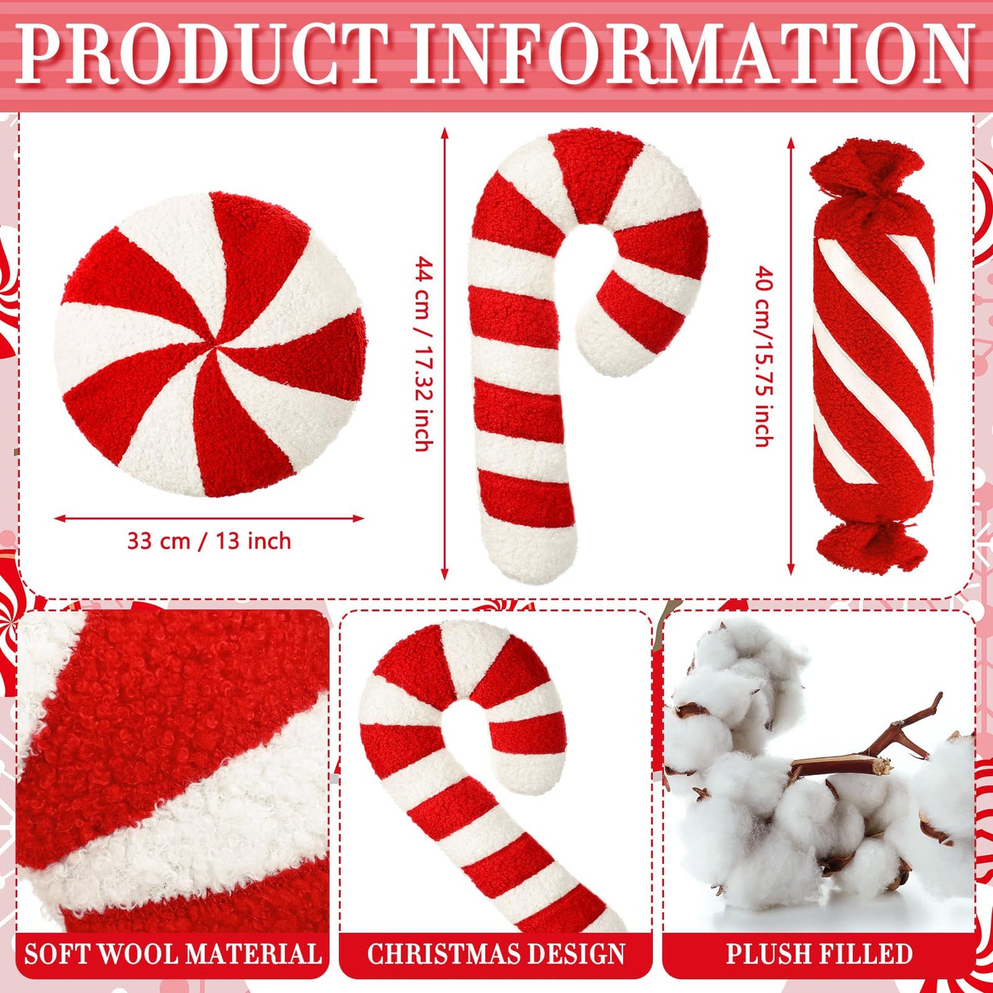 Anglechic 3 Pcs Christmas Pillows Decorative Throw Pillows Candy Merry Christmas Tree Stuffed Wool Soft Xmas Plush Cushion for Sofa Couch Bedroom Living Room(Red)