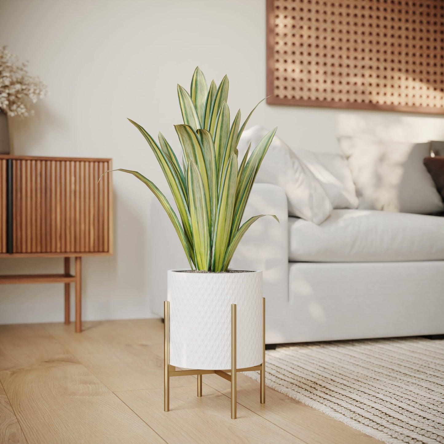 EverNest Claire Mid-Century Modern White Planter and Stand, Indoor Plant Pot, SelectBase, Minimalist Aesthetic, Home Decor for Plants - (Gold Base, Small)