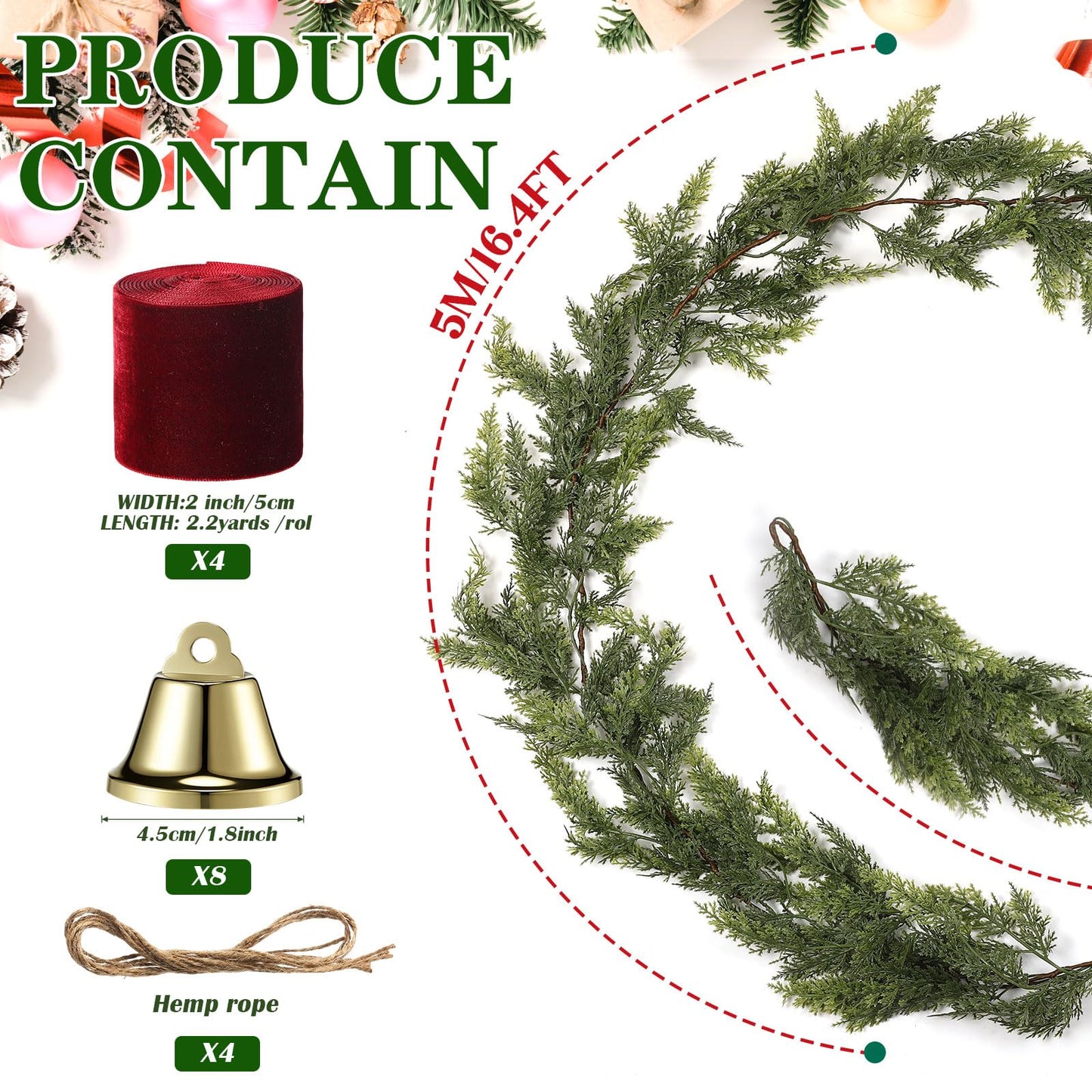 Suncalla 17 Extra Long Christmas Artificial Cedar Pine Cypress Garland with Ribbons and Bells Christmas Pine Decorations for Stairs Indoor Outdoor Wall Table Mantel Fireplace Xmas Decor
