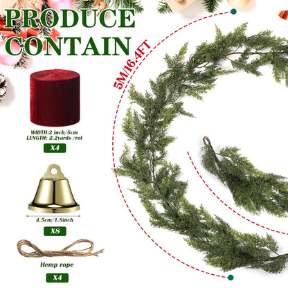 Suncalla 17 Extra Long Christmas Artificial Cedar Pine Cypress Garland with Ribbons and Bells Christmas Pine Decorations for Stairs Indoor Outdoor Wall Table Mantel Fireplace Xmas Decor
