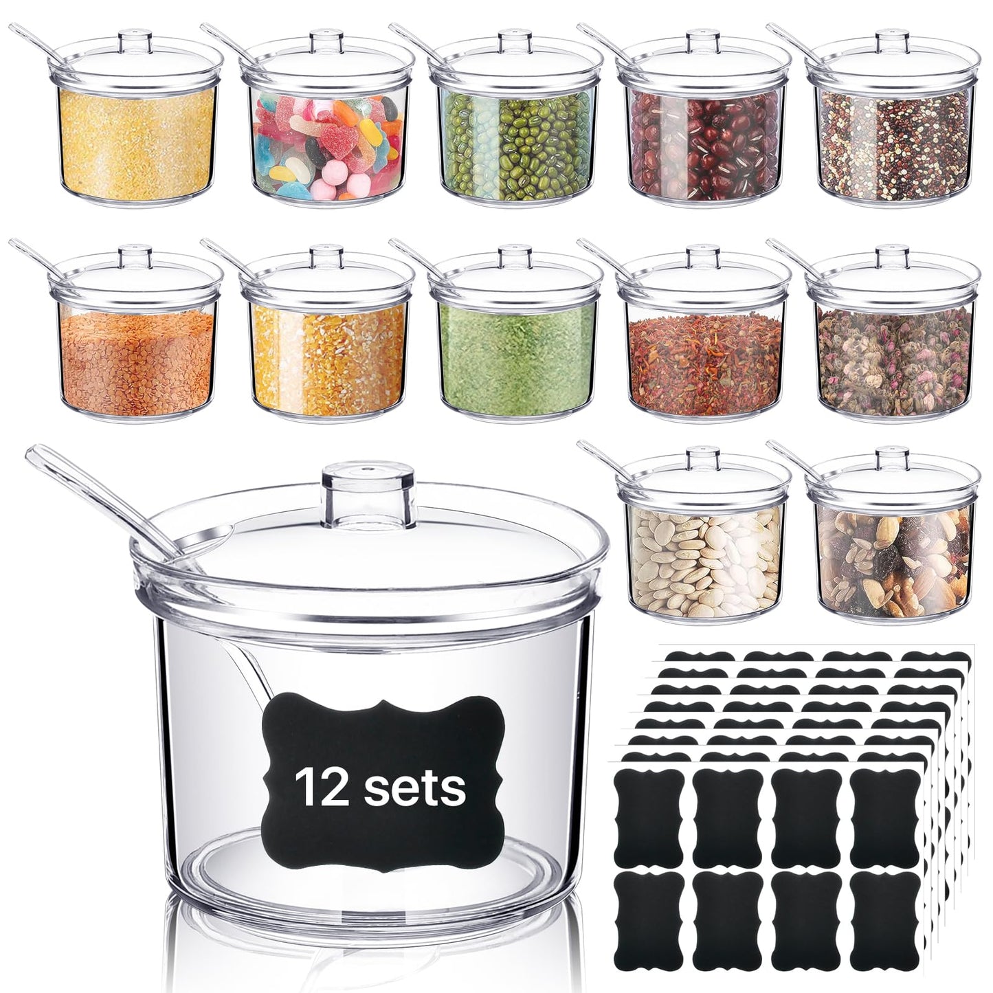 Akamino 12 Pcs Acrylic Sugar Bowl with Lid and Spoon,7.1 Oz Clear Condiment Storage Pot,Sugar Jar Spices Container for Home Kitchen,Coffee Bar,Restaurant