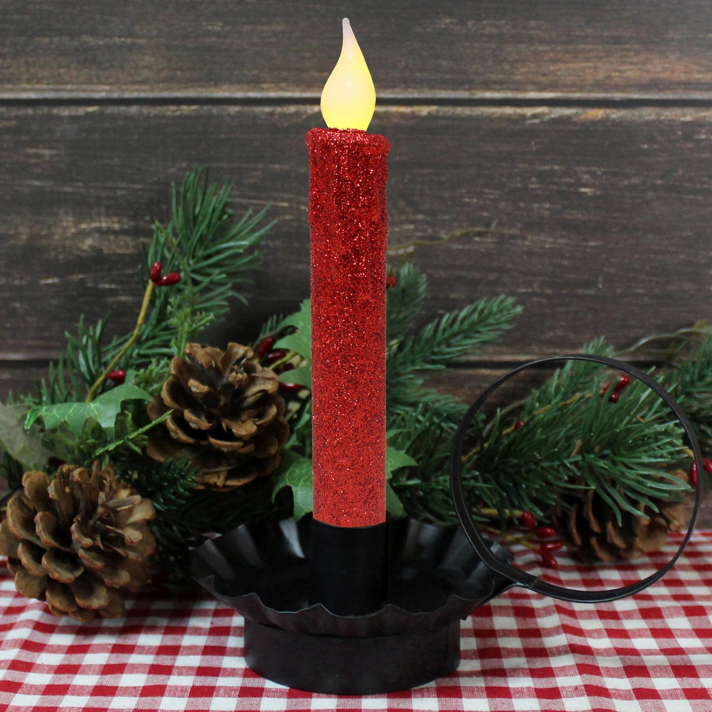 CVHOMEDECO. Glitter Flameless Candles Flickering Battery Operated LED Taper Candles with Timer for Home, Wedding, Halloween, Christmas Decor. Red, 6-3/4 Inch, Set of 2