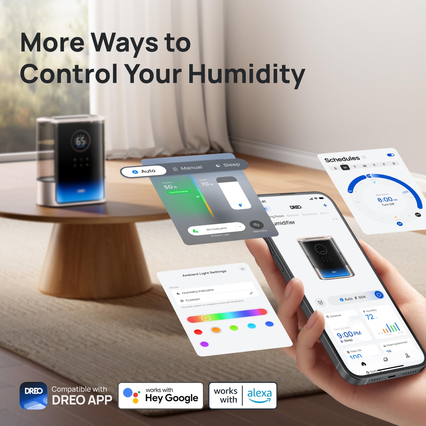 Dreo 8L Smart Humidifier Large Room 600ft², HM717S, 80H Runtime Supersized Warm and Cool Mist Humidifiers for Bedroom Baby, 28dB Quiet Air Humidifier for Plants Indoor, Home, Whole House, Silver