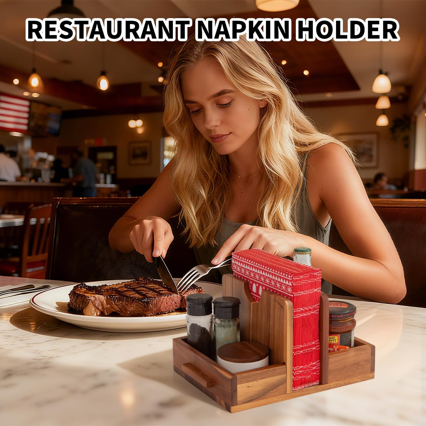 Napkin Holder, Acacia Wood Napkins Holder for Kitchen with Storage Function to Organize Salt and Pepper Shakers, Standing Napkin Dispenser for Decor Dining Room Party Cocktail Restaurant Outdoor Use