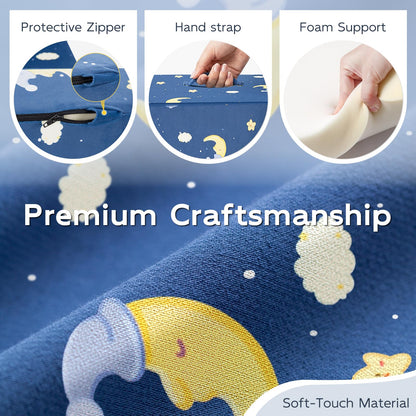 FRUITEAM Portable 3-in-1 Toddler Travel Bed, Soft Fabric & High-Density Foam, Easy-Clean Machine Washable Cover with Moon Star Cloud Print for Camping & Indoor/Outdoor Use - Blue