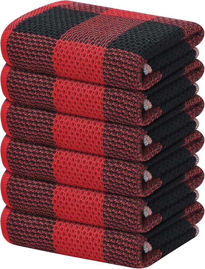 Homaxy 100% Cotton Waffle Weave Check Plaid Kitchen Towels, 13 x 28 Inches