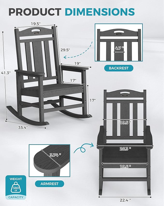 Ciokea Oversized Outdoor Rocking Chairs Set of 4, 380lbs Heavy-Duty Large Patio Rocker, High Back Cozy Porch Chairs, Weather Resistant Patio Rocking Chairs for Outside, Fire Pit, Deck, Dark Grey