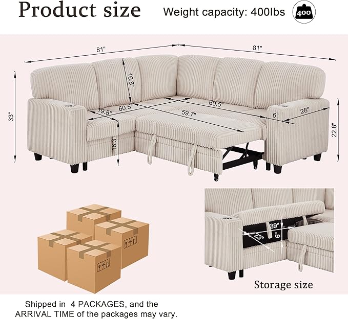 L-Shaped Sectional Couch with Storage and Pull Out Bed, Convertible Sofa Bed