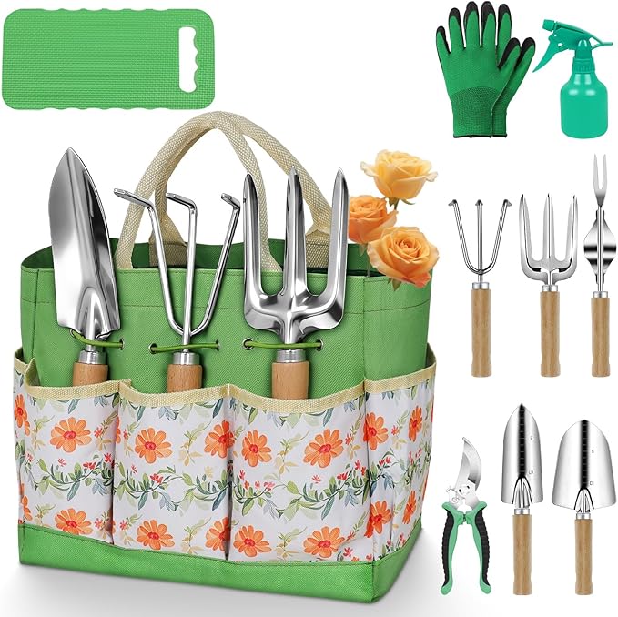 Gardening Tools 10-Piece Heavy Duty Stainless Steel Hand Tools with Durable Garden Tools Storage Tote,Rust-Proof Garden Tool Set, Ideal Gardening Gifts for Women Yellow Floral Pattern Design
